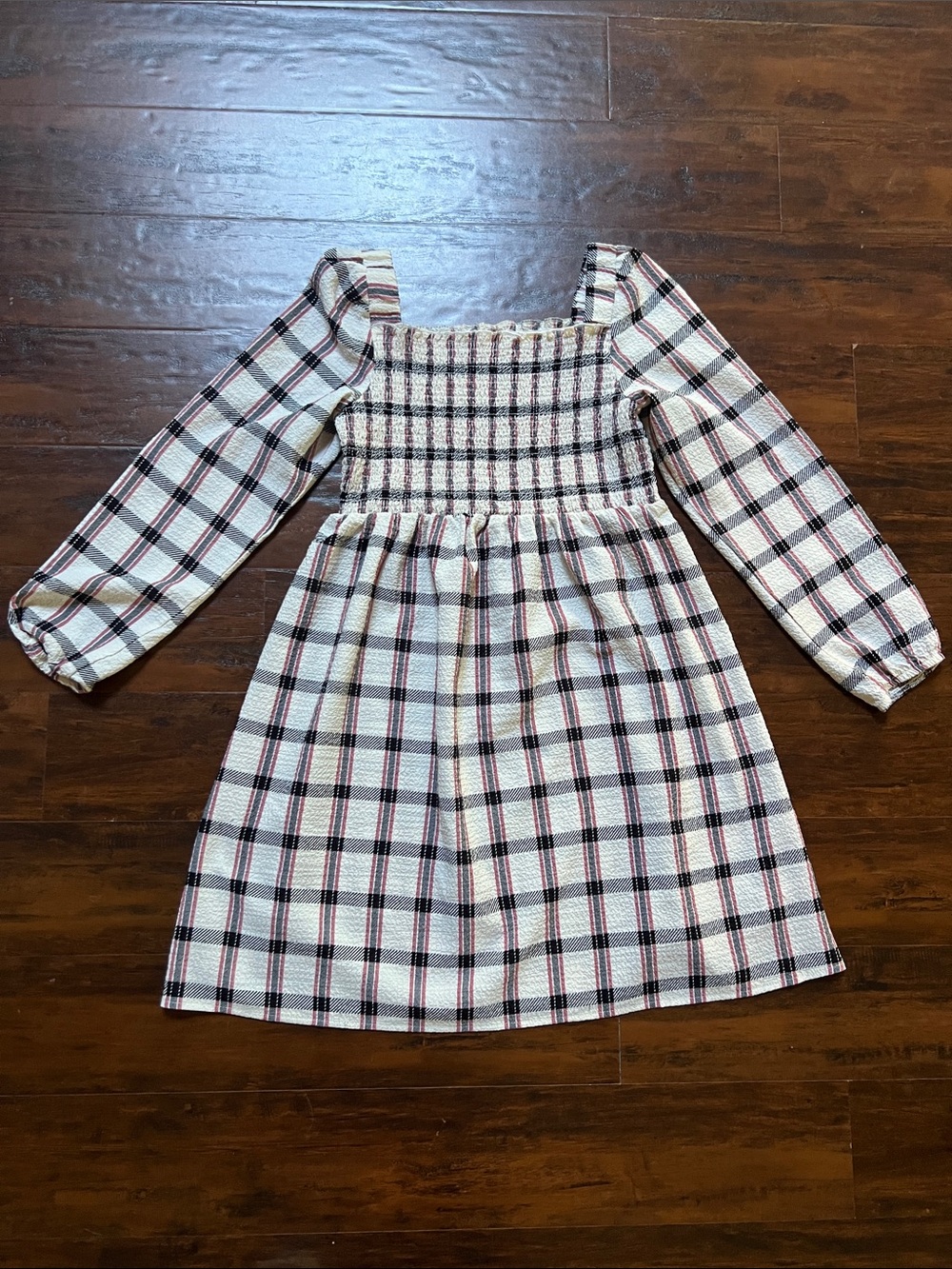 Wonder Nation Ivory Red Black Plaid Smocked Long Sleeve Dress Girls 10/12 Plus